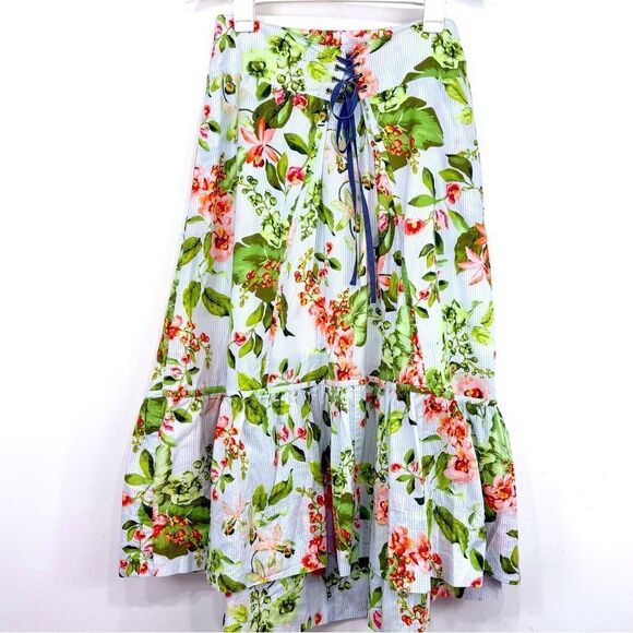 Tommy Hilfiger Blue Pinstripe Floral Print Waist Lace Up Ruffle Hem Midi Skirt - Picture 4 of 14